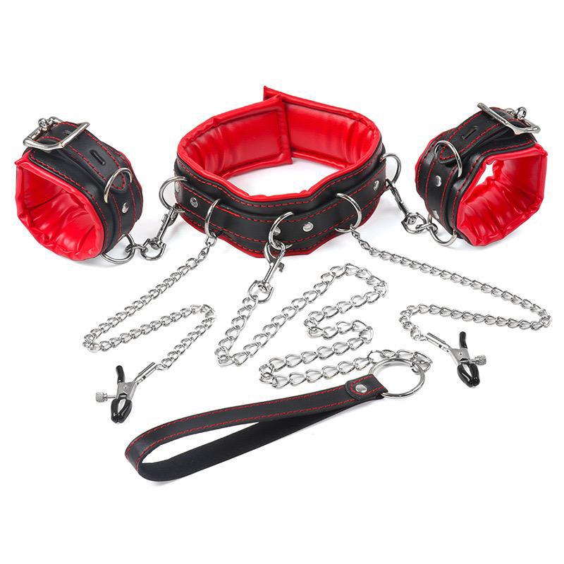 Nipple Clamps BDSM Collar with Long Chain Leash Handcuffs