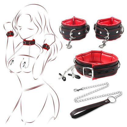 Nipple Clamps BDSM Collar with Long Chain Leash Handcuffs