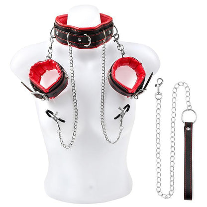 Nipple Clamps BDSM Collar with Long Chain Leash Handcuffs