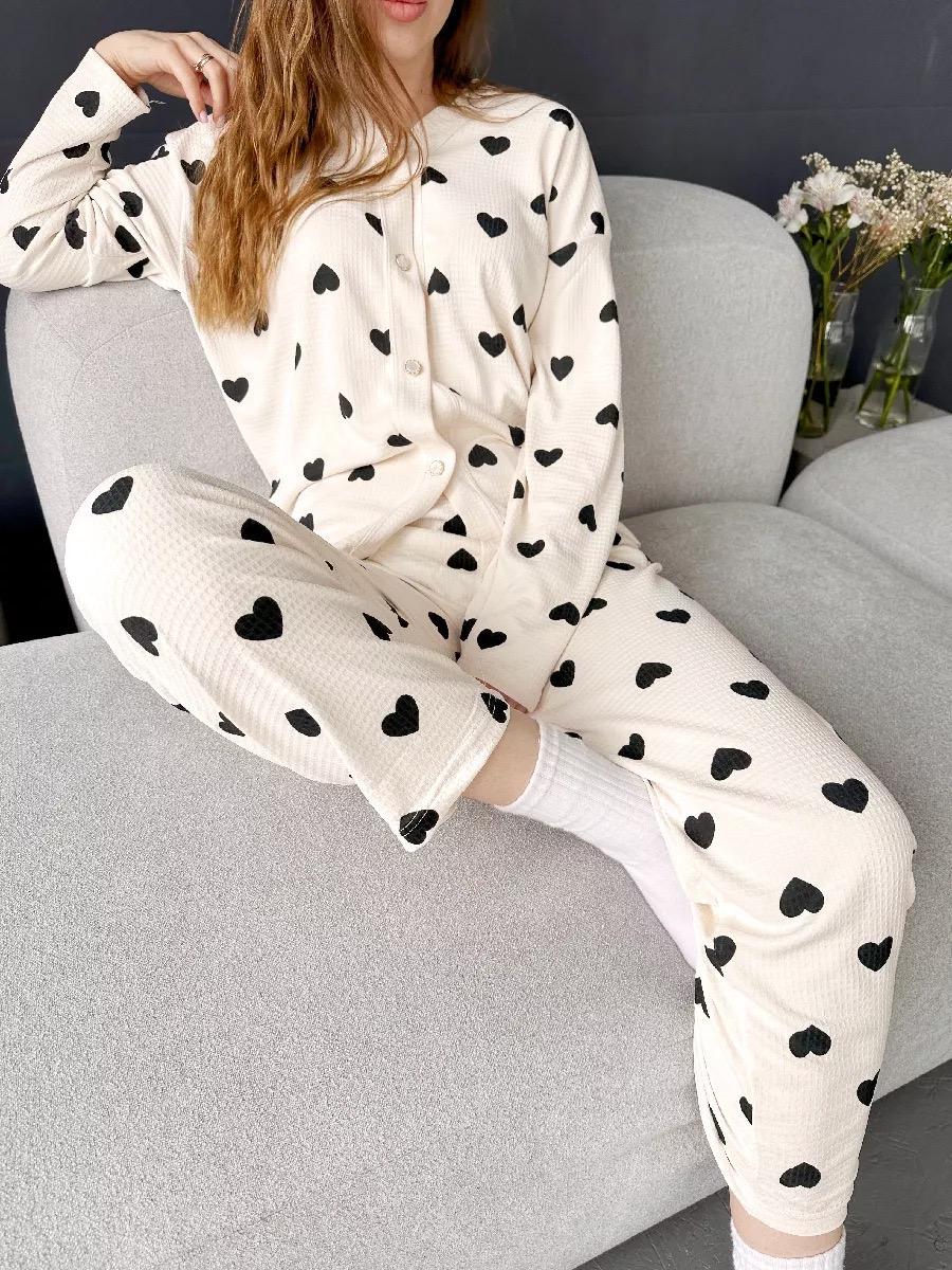 Women's Heart Print Waffle Pajamas