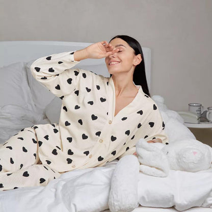 Women's Heart Print Waffle Pajamas