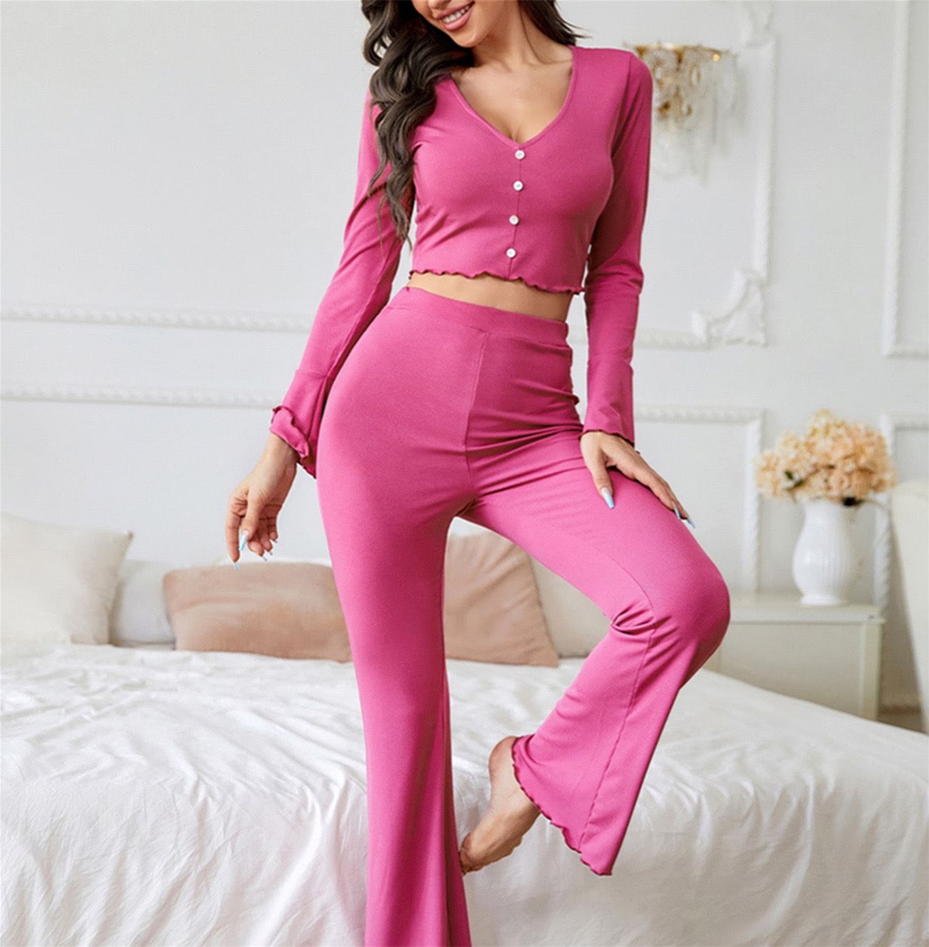 Hot Pink V-Neck Lettuce Trim Solid Lounge Sleepwear Set