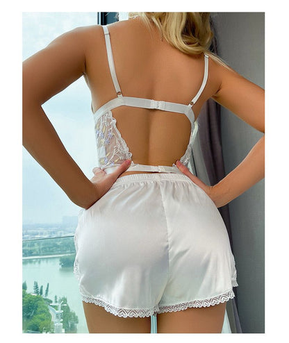 Floral Embroidered Mesh Pajama Set with Front Tie