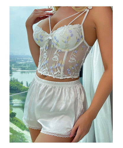 Floral Embroidered Mesh Pajama Set with Front Tie