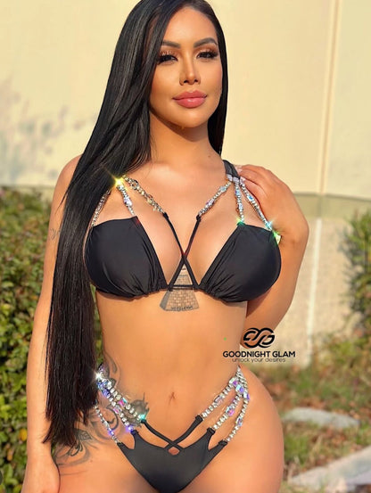 Black Rhinestone Accent Two Piece Swimsuit