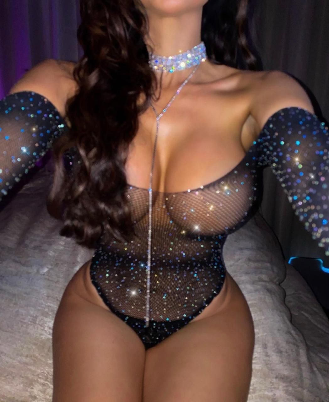 Sexy fishnet bodysuit with rhinestones and zircons