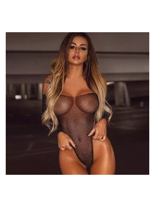 Sexy fishnet bodysuit with rhinestones and zircons
