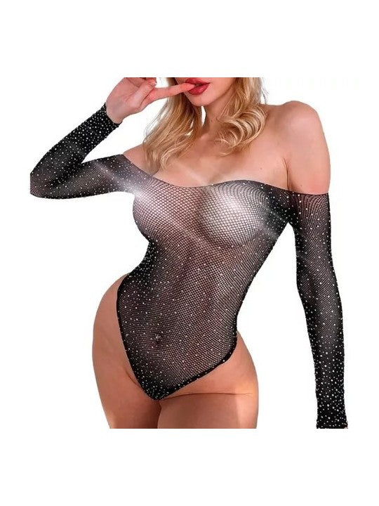 Sexy fishnet bodysuit with rhinestones and zircons