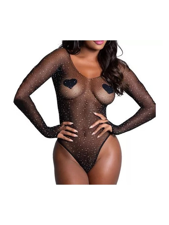 Sexy fishnet bodysuit with rhinestones and zircons