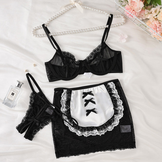 See-Through White Lace Contrasting Sexy Maid Cosplay Uniform Three Piece Set