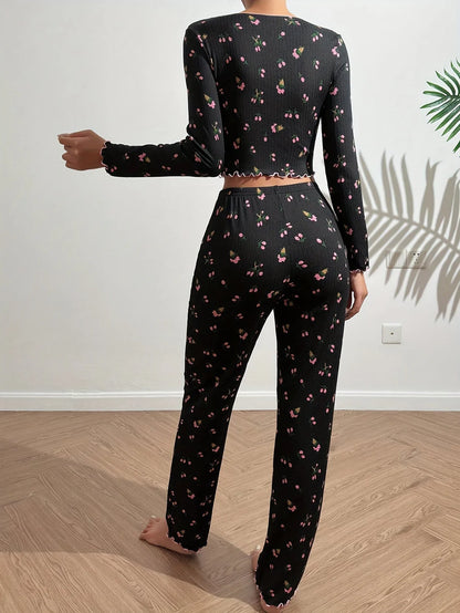 Chic Floral Print Ribbed Outfit Set with V-Neck Crop